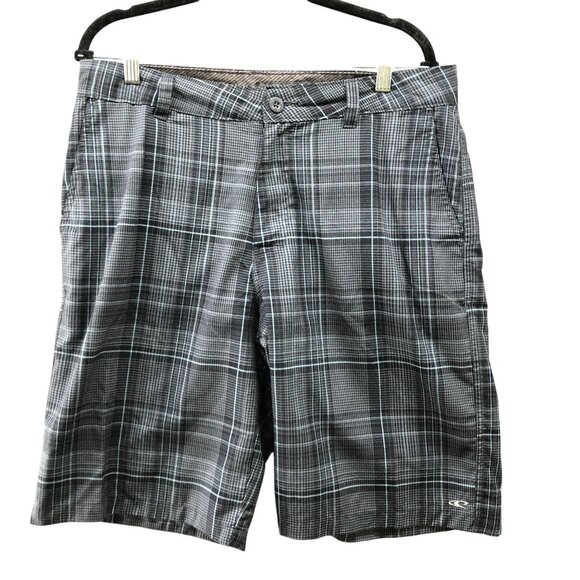 O'Neill Hybrid Shorts Mens 34 Gray Blue Plaid Flat Front 11'' Inseam Skate Tech - Picture 1 of 8